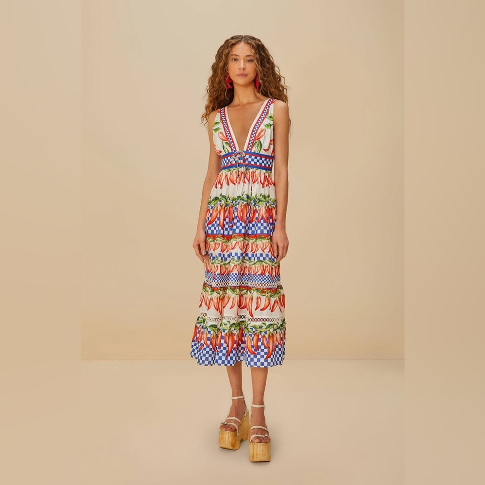 FARM Rio Off-White Picnic Peppers Ainika Midi Dress